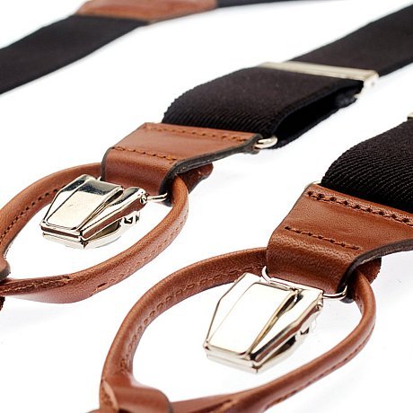 Black canvas suspenders with brown leather