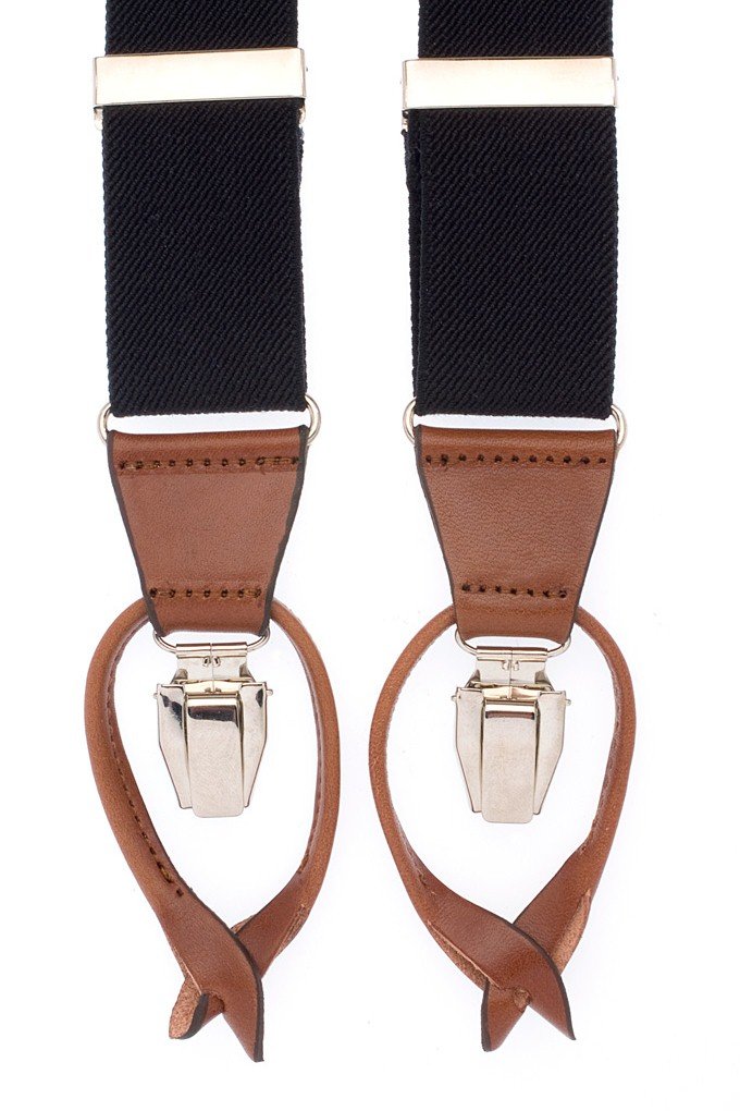 Black canvas suspenders with brown leather