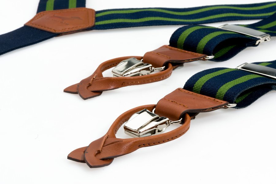 Blauw met groen gestreepte bretels