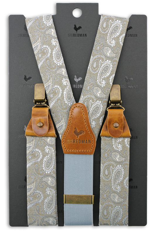 Groenbruine bretels met motief - handgemaakt door het Nederlandse merk SirRedman - in verpakking