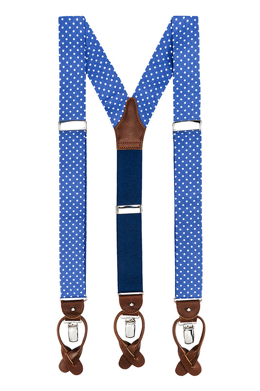 Blauwe bretels met witte stippen (polka dots) en bruin leer - Albert Thurston