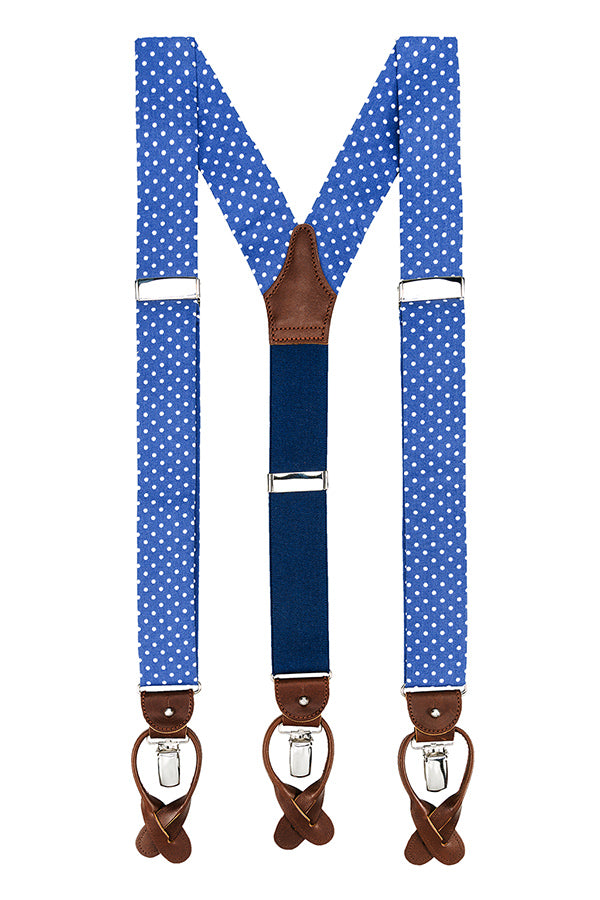 Blauwe bretels met witte stippen (polka dots) en bruin leer - Albert Thurston