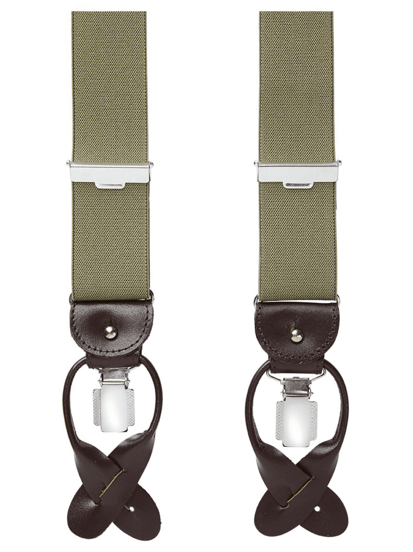 Groene bretels van het merk Profuomo. Uitgevoerd met groene banden, zilverkleurige clips/stellers en donkerbruin leer. Ideaal te combineren met een wit of lichtblauw overhemd en bruine schoenen.