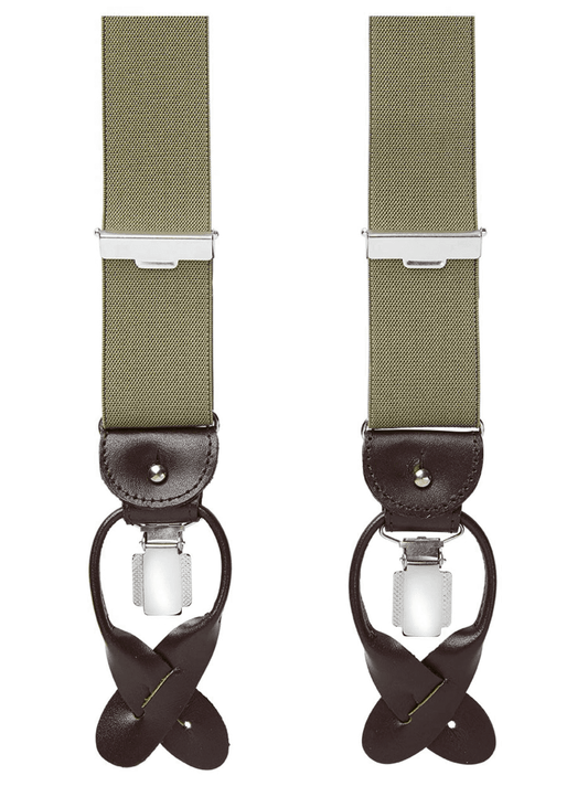 Groene bretels van het merk Profuomo. Uitgevoerd met groene banden, zilverkleurige clips/stellers en donkerbruin leer. Ideaal te combineren met een wit of lichtblauw overhemd en bruine schoenen.