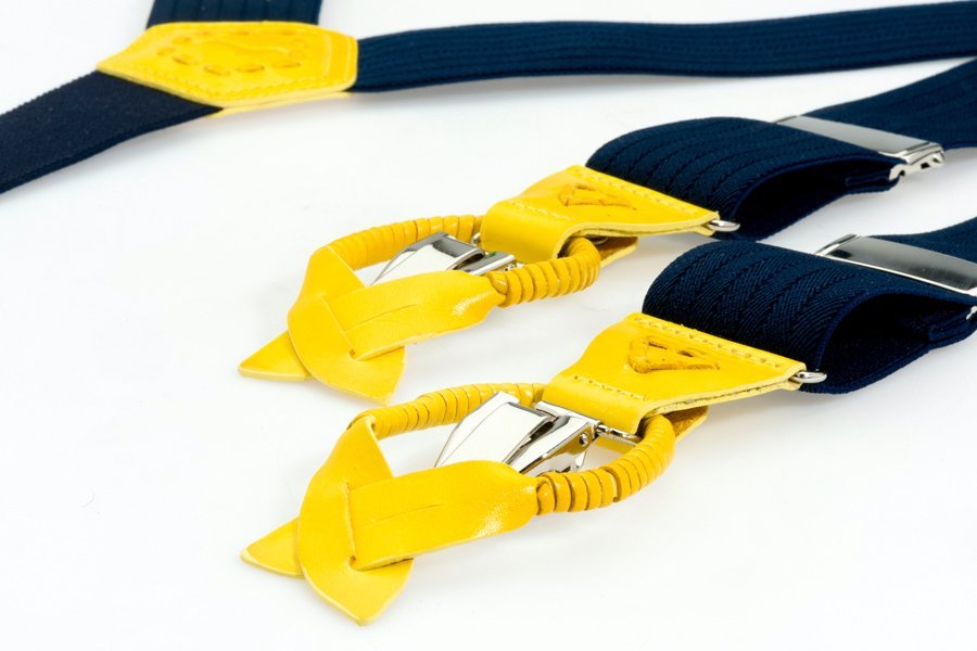 Blue canvas suspenders with yellow leather