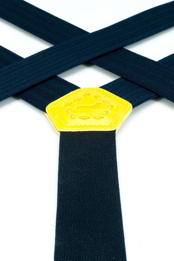 Blue canvas suspenders with yellow leather
