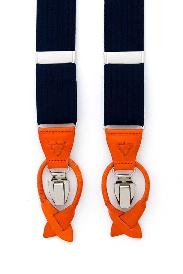 Bretels blauw met oranje leer van het merk Hein Strijker