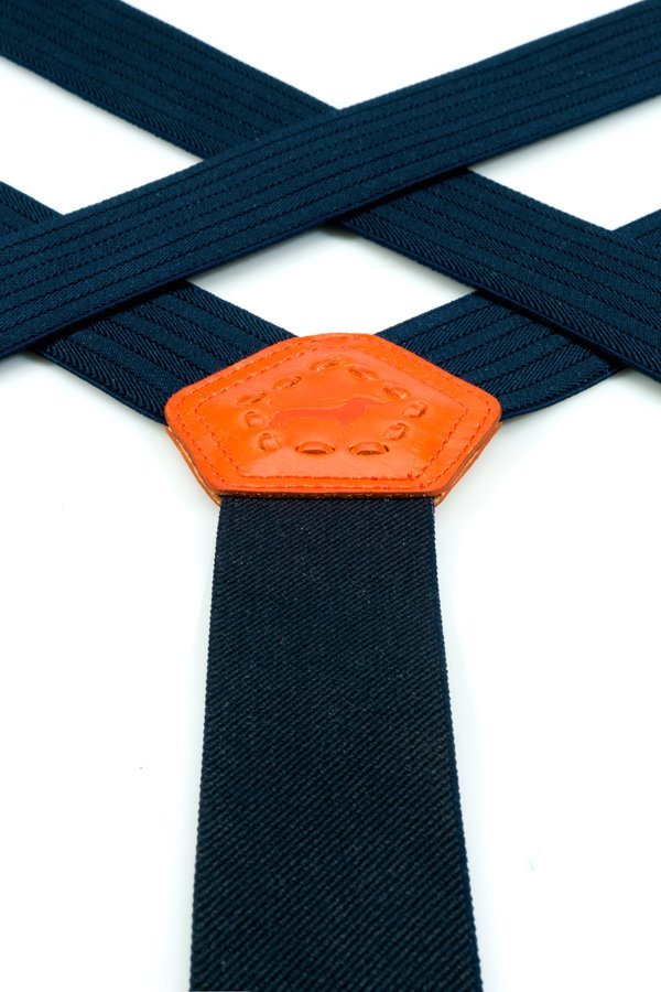 Bretels blauw met oranje leder van het merk Hein Strijker