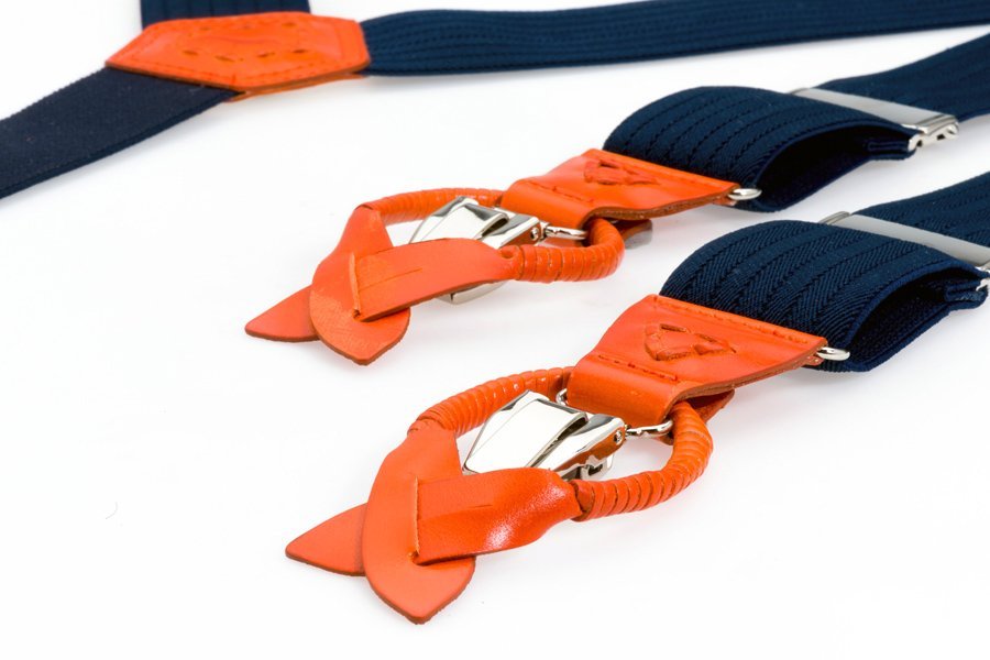 Bretels blauw met oranje leer van het Nederlandse merk Hein Strijker