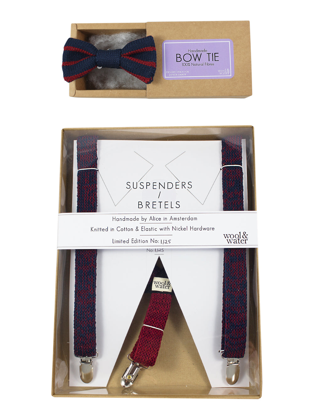 Wool &amp; Water Bretels met Vlinderdas set blauw rood